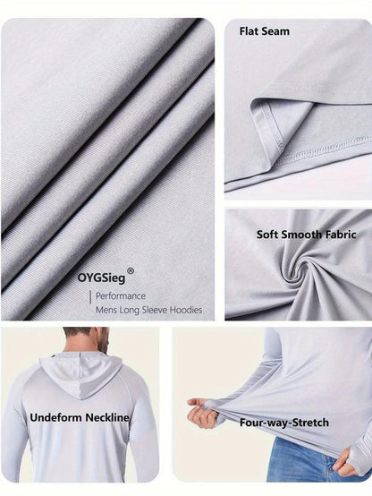 5Pcs Men'S Athletic Hoodie Shirts - Moisture-Wicking, Breathable Polyester Blend, Long Sleeve - Hooded Design for Casual, Fishing, Running & Outdoor Activities