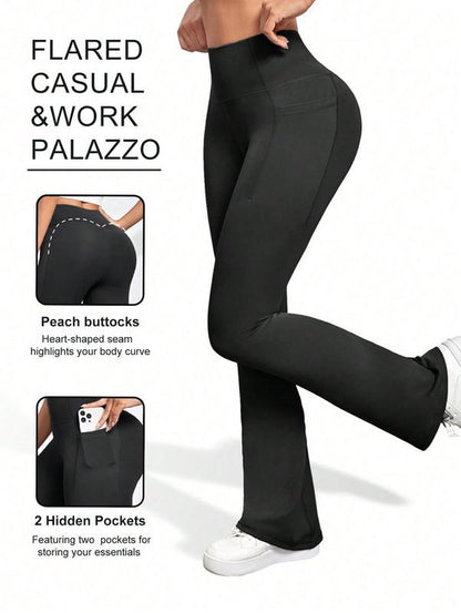 Arsoxy Women Flare Leg Leggings with Pockets, High Waisted Tummy Control Yoga Pants for All-Season Wear