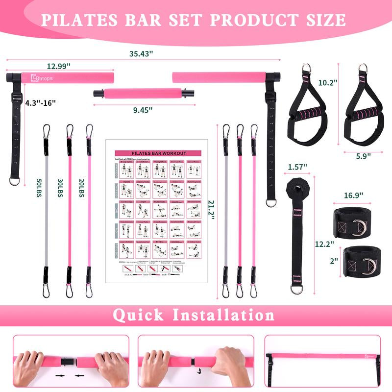 Bbtops, Pilates Bar Kit with Resistance Bands, Pink, Home Workout Equipment, Calisthenics Tools, Pilates Equipment, Flex Straps