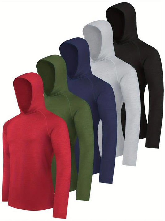 5Pcs Men'S Athletic Hoodie Shirts - Moisture-Wicking, Breathable Polyester Blend, Long Sleeve - Hooded Design for Casual, Fishing, Running & Outdoor Activities